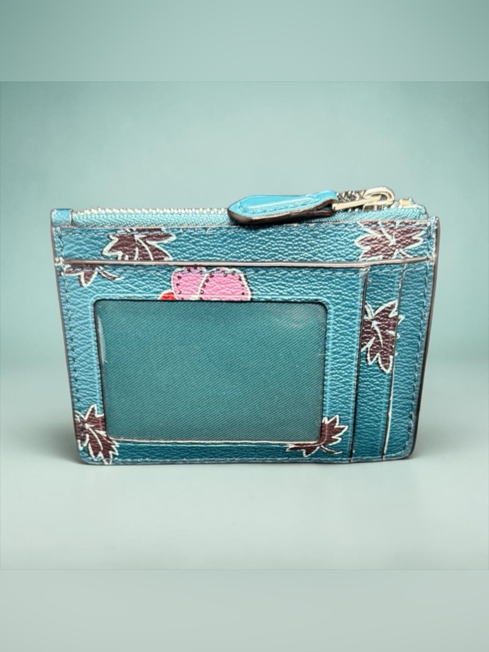 🤎COACH🤎Mini Skinny ID Case in Dark Teal Wildflower Print w/Keychain/NWOT - Picture 4 of 7